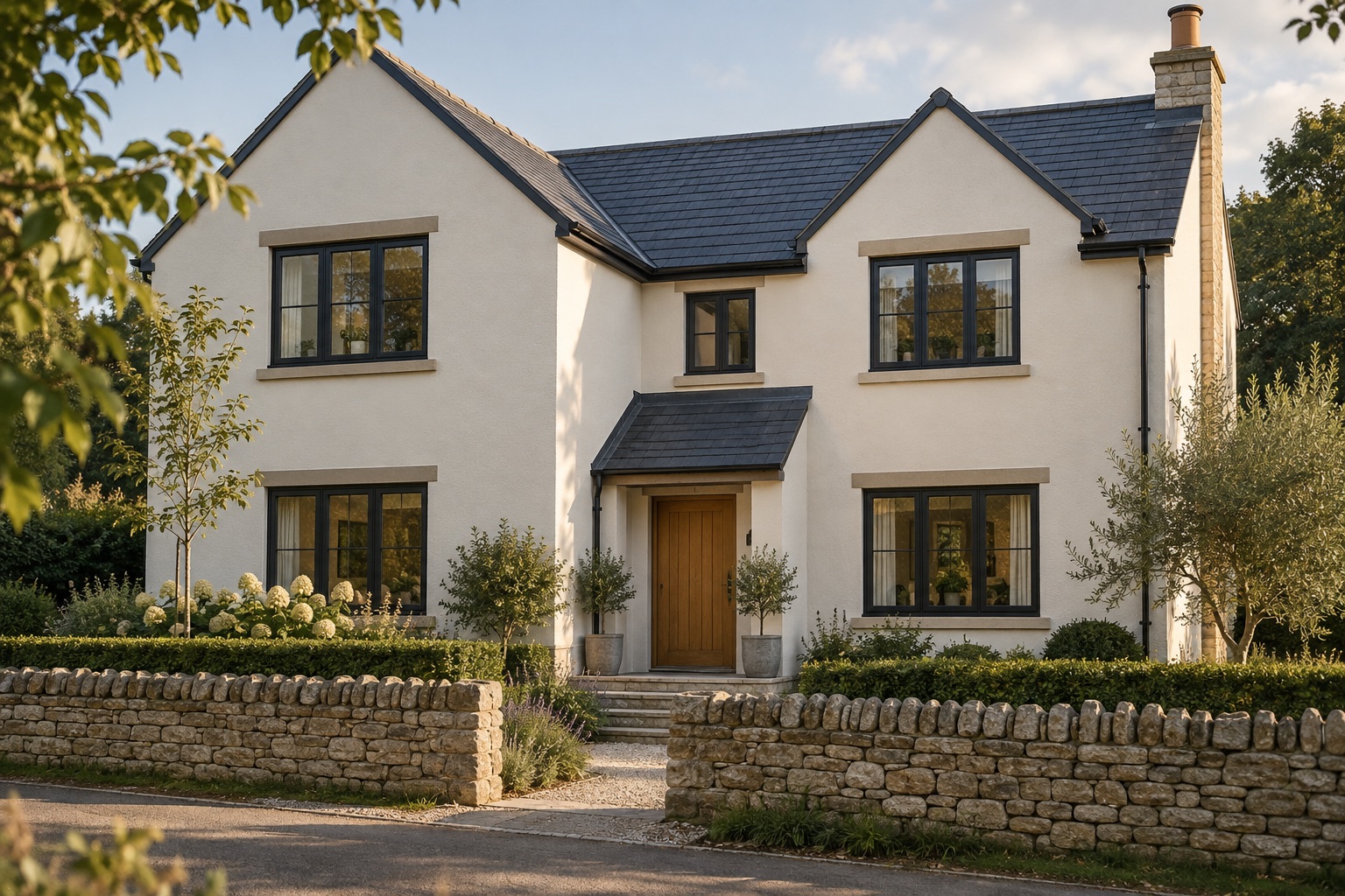 Illustration of a British home with ivory render, a slate roof and a stone garden wall